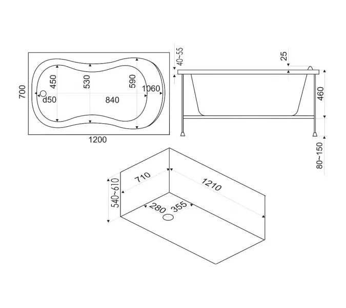 Ванна акриловая  BAS Кэмерон 120*70, Комплектация: без гидромассажа, изображение 3