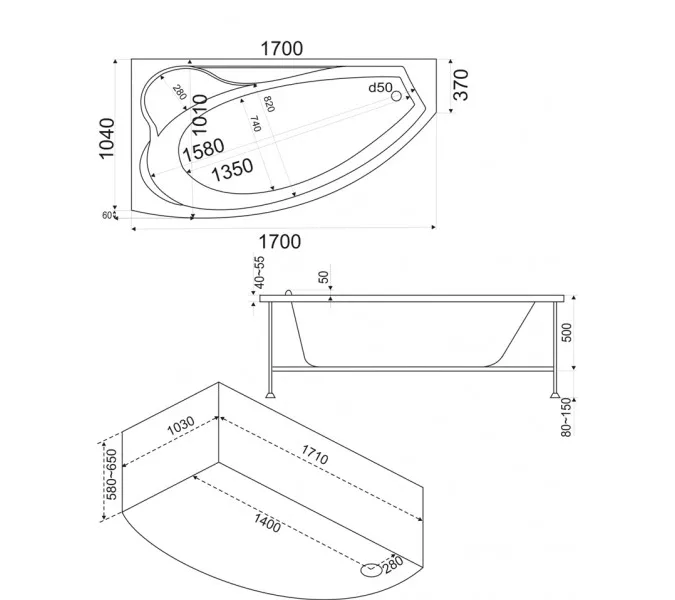 Ванна акриловая  BAS Николь 170*102, Ориентация: Левая, Комплектация: без гидромассажа, изображение 3