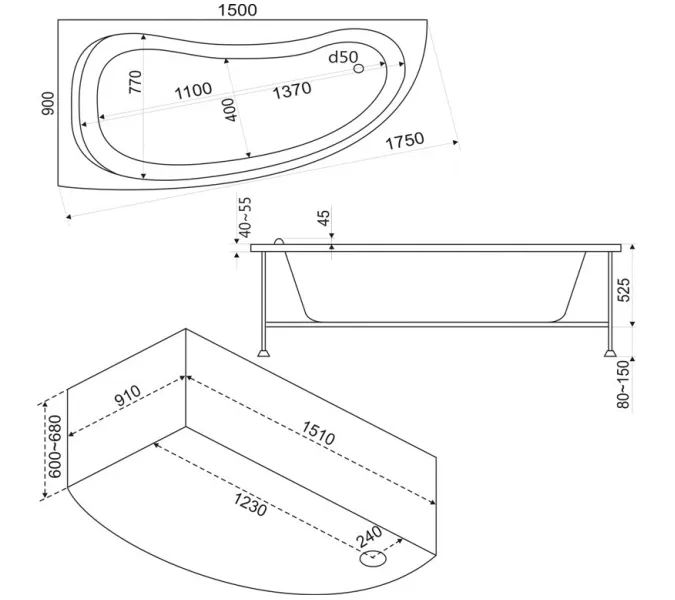 Ванна акриловая  BAS Алегра 150*90, Ориентация: Левая, Комплектация: без гидромассажа, изображение 2