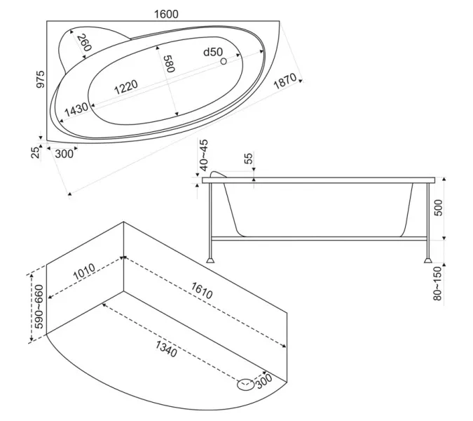 Ванна акриловая  BAS Сагра 160*100  L/R  с г/м, Комплектация: гидромассаж, Ориентация: Левая, изображение 4