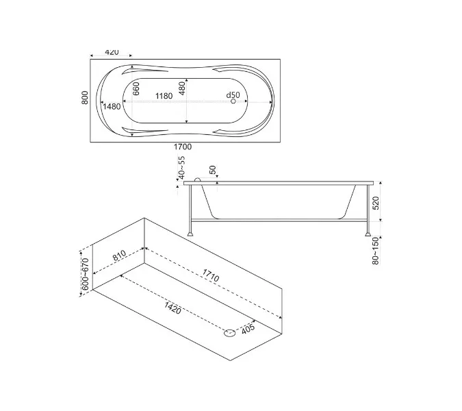 Ванна акриловая  BAS Ахин 170*80, Комплектация: без гидромассажа, изображение 3
