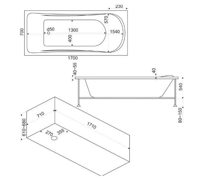 Ванна акриловая  BAS Атланта 170*70, Комплектация: без гидромассажа, изображение 3