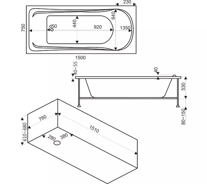Ванна акриловая  BAS Бриз 150*75, Комплектация: без гидромассажа, изображение 3