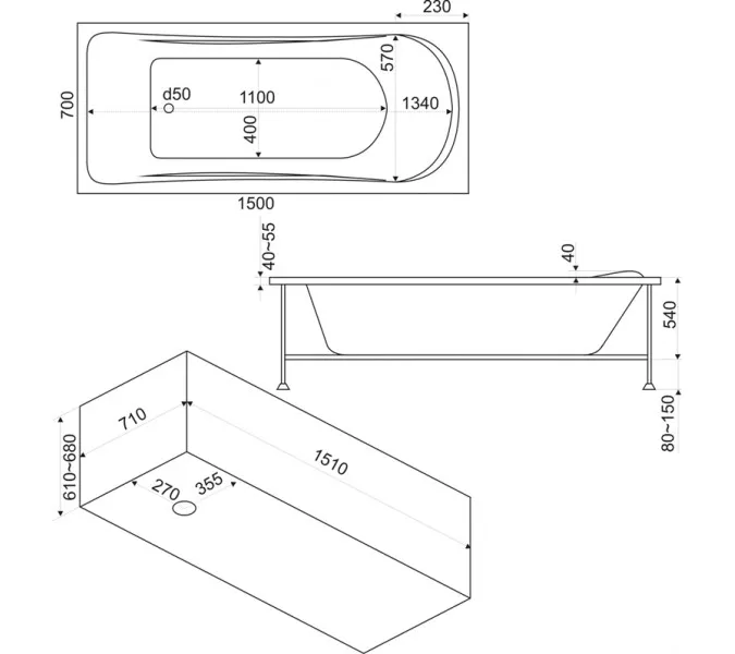 Ванна акриловая  BAS Верона 150*70, Комплектация: без гидромассажа, изображение 3