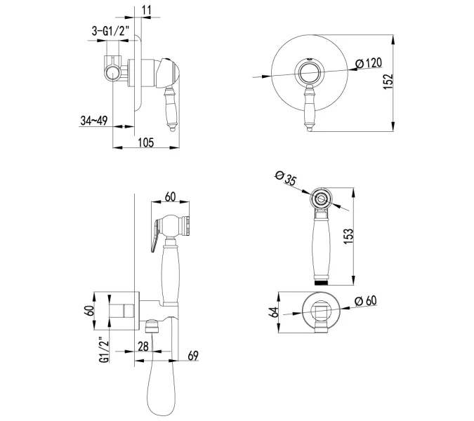 Смеситель Lemark Villa LM4819B с гигиеническим душем, встраиваемый, изображение 2