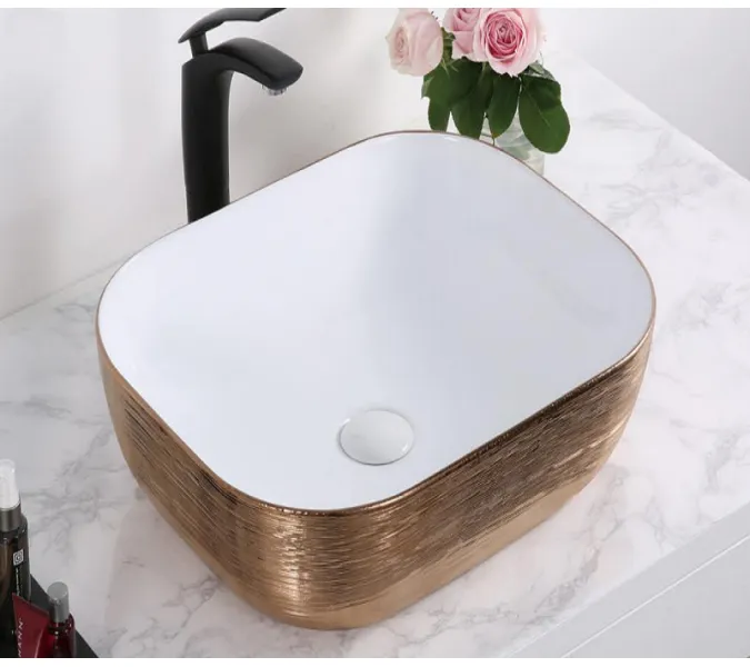 Раковина накладная прямоугольная CeramaLux LuxeLineD1333H132 золото, Выбрать цвет: Белый /медь, Монтаж: На столешницу, изображение 4