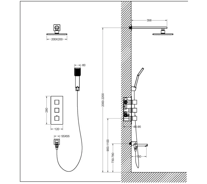 Душевая система встроенная с термостатом Timo Tetra-thermo SX-0199, Выбрать цвет: Хром, изображение 8