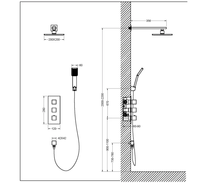 Душевая система встроенная с термостатом Timo Tetra-thermo SX-0179, Выбрать цвет: Хром, изображение 7