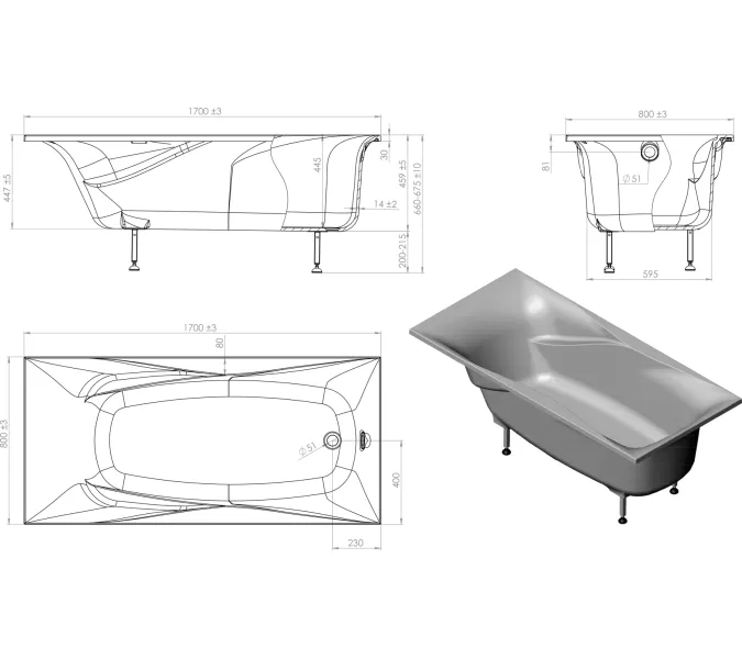 Ванна Astra-Form Вега Люкс из литьевого мрамора 170х80/180х80, Выбрать размер: 170х80, изображение 13