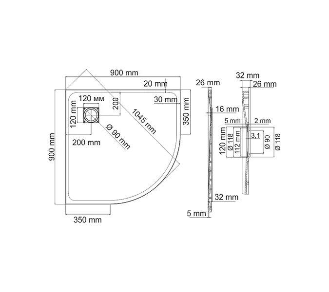 Душевой поддон полукруглый 90*90 WasserKRAFT Main 41T01, изображение 2