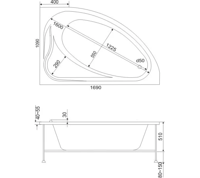 Ванна акриловая  BAS  МИЛАН 1695*1095 L/R, Ориентация: левая, Комплектация: без гидромассажа, изображение 2