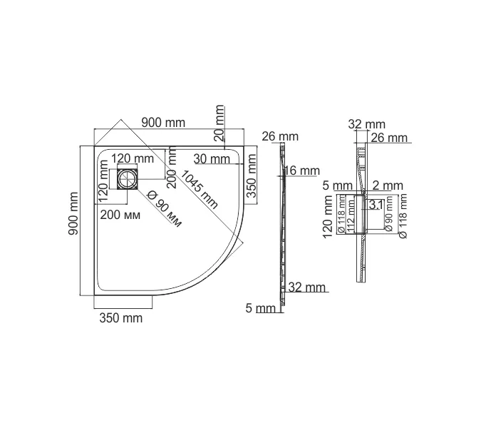 Душевой поддон четверть круга 90*90 WasserKRAFT Elbe 74T01, изображение 2