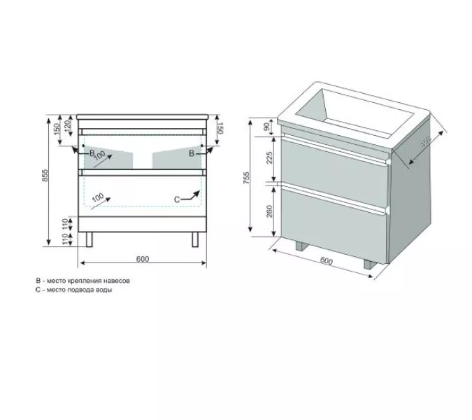 Тумба напольная с раковиной Style Line Атлантика, ясень перламутр, Выбрать цвет: Ясень перламутр, Выбрать размер: 60, изображение 9