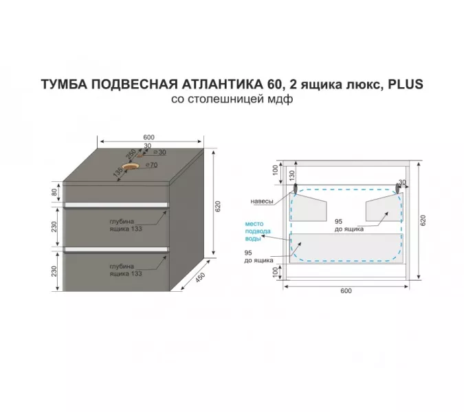 Тумба подвесная со столешницей МДФ Style Line Атлантика бетон темный, Выбрать размер: 60, изображение 8