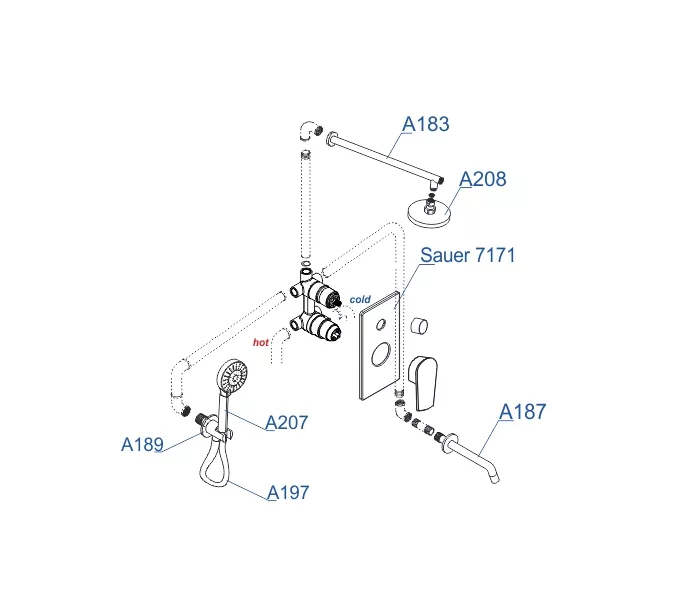Встраиваемый комплект для ванны с верхней душевой насадкой, лейкой и изливом WasserKRAFT  A71208, изображение 3