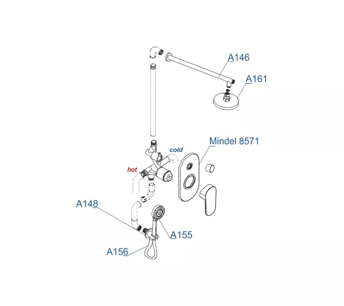 Встраиваемый комплект для ванны с верхней душевой насадкой, лейкой и изливом WasserKRAFT  A85155, изображение 3