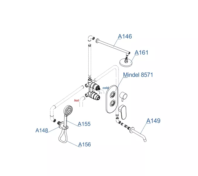 Встраиваемый комплект для ванны с верхней душевой насадкой, лейкой и изливом  WasserKRAFT  A85161, изображение 3