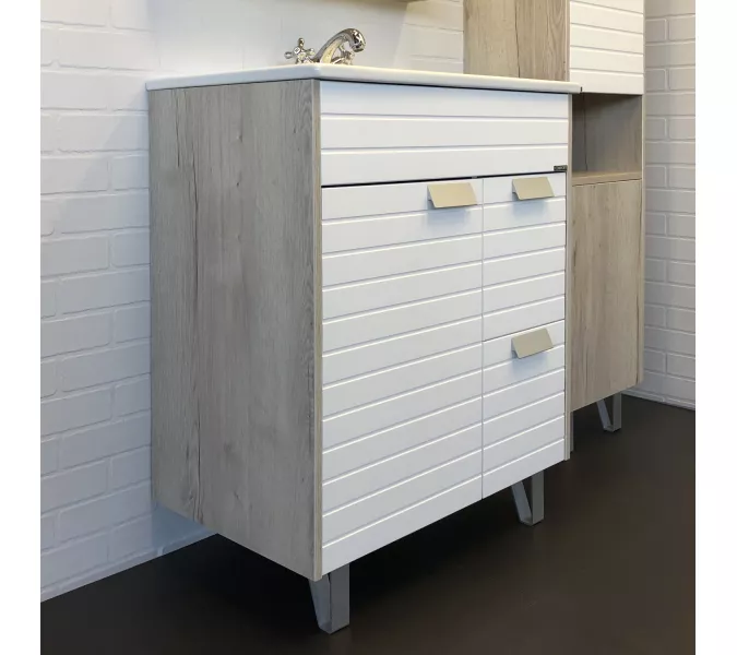 COMFORTY. Тумба-умывальник "Клеон-60Н/75Н/90Н" напольная  белый/дуб дымчатый с раковиной, Выбрать размер: 75, Выбрать цвет: Дуб дымчатый, Комплектация: раковина Quadro 75