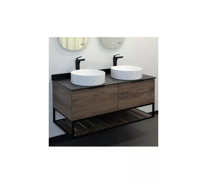COMFORTY. Тумба-умывальник "Порто-120-1-/2" дуб тёмно-коричневый с черной столешницей c 1-2  раковиной COMFORTY 9110, Выбрать цвет: Дуб темно-коричневый, Выбрать размер: 120, Цвет столешницы: Черный, Комплектация: 2 раковины, изображение 2