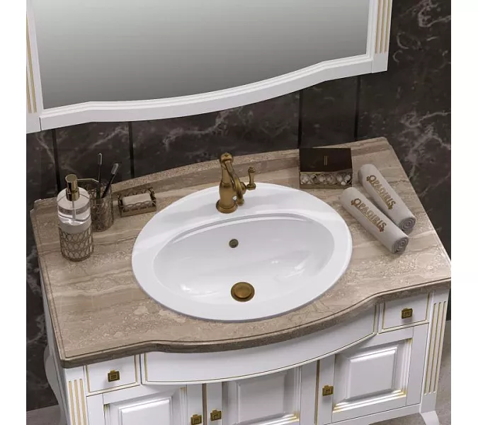 Тумба с раковиной напольная с мраморной столешницей Opadiris  ЛАУРА 100 Белый матовый с бежевой патиной/swarovski золото, Выбрать цвет: Белый/золото, изображение 2