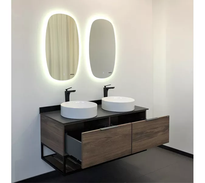 COMFORTY. Тумба-умывальник "Порто-120-1-/2" дуб тёмно-коричневый с черной столешницей c 1-2  раковиной COMFORTY 9110, Выбрать цвет: Дуб темно-коричневый, Выбрать размер: 120, Цвет столешницы: Черный, Комплектация: 2 раковины, изображение 4