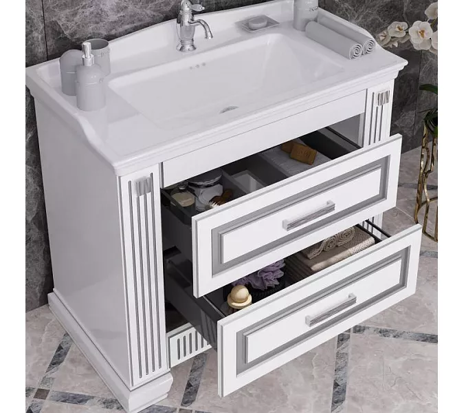 Тумба с раковиной напольная Opadiris ОНИКС 100 Белый глянцевый с серебряной патиной, Выбрать цвет: Белый/серебро, изображение 4