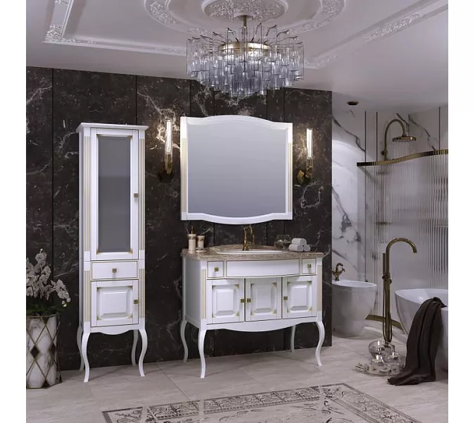 Тумба с раковиной напольная с мраморной столешницей Opadiris  ЛАУРА 100 Белый матовый с бежевой патиной/swarovski золото, Выбрать цвет: Белый/золото, изображение 5