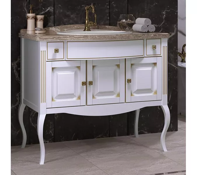 Тумба с раковиной напольная с мраморной столешницей Opadiris  ЛАУРА 100 Белый матовый с бежевой патиной/swarovski золото, Выбрать цвет: Белый/золото