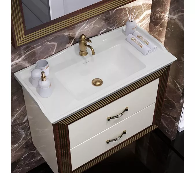 Тумба подвесная с раковиной Opadiris Карат 80 см ,Бежевый глянцевый с золотой патиной, Выбрать цвет: Золото, изображение 3