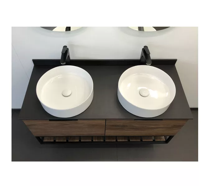 COMFORTY. Тумба-умывальник "Порто-120-1-/2" дуб тёмно-коричневый с черной столешницей c 1-2  раковиной COMFORTY 9110, Выбрать цвет: Дуб темно-коричневый, Выбрать размер: 120, Цвет столешницы: Черный, Комплектация: 2 раковины, изображение 5