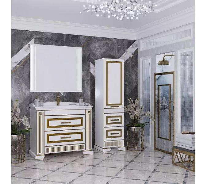 Тумба с раковиной напольная Opadiris ОНИКС 100 Белый глянцевый с золотой патиной, Выбрать цвет: Белый/золото, изображение 5