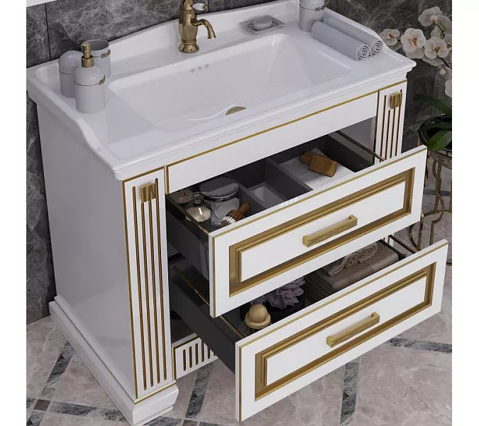 Тумба с раковиной напольная Opadiris ОНИКС 100 Белый глянцевый с золотой патиной, Выбрать цвет: Белый/золото, изображение 4