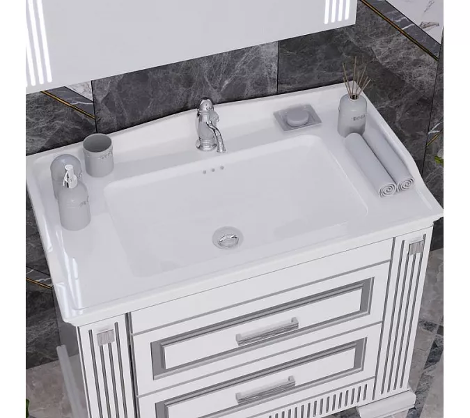 Тумба с раковиной напольная Opadiris ОНИКС 100 Белый глянцевый с серебряной патиной, Выбрать цвет: Белый/серебро, изображение 3