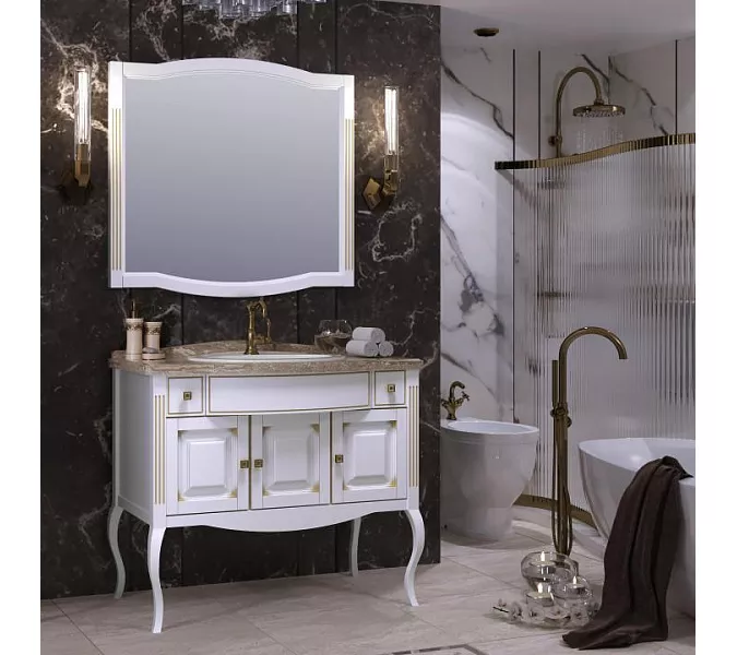 Тумба с раковиной напольная с мраморной столешницей Opadiris  ЛАУРА 100 Белый матовый с бежевой патиной/swarovski золото, Выбрать цвет: Белый/золото, изображение 6