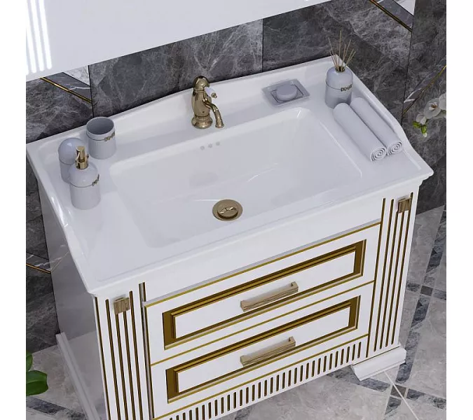 Тумба с раковиной напольная Opadiris ОНИКС 100 Белый глянцевый с золотой патиной, Выбрать цвет: Белый/золото, изображение 3