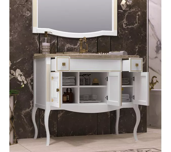 Тумба с раковиной напольная с мраморной столешницей Opadiris  ЛАУРА 100 Белый матовый с бежевой патиной/swarovski золото, Выбрать цвет: Белый/золото, изображение 4