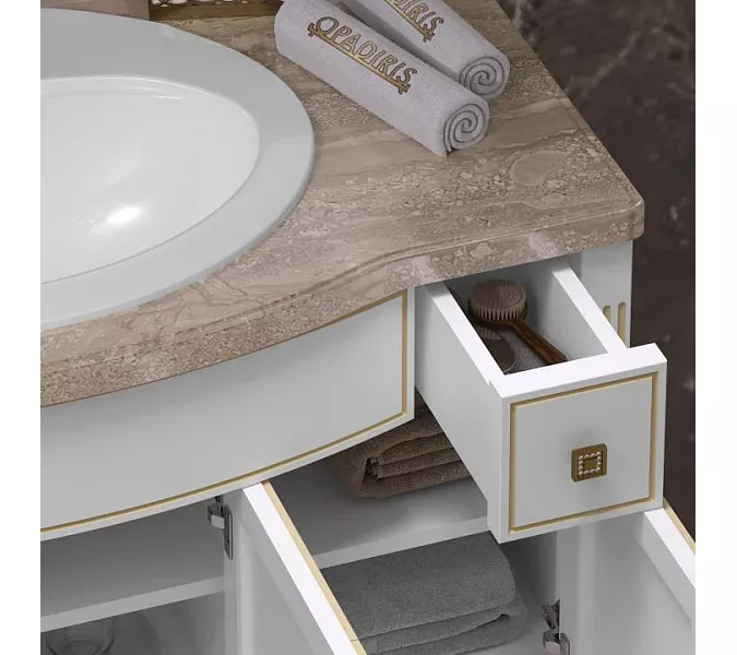 Тумба с раковиной напольная с мраморной столешницей Opadiris  ЛАУРА 100 Белый матовый с бежевой патиной/swarovski золото, Выбрать цвет: Белый/золото, изображение 3
