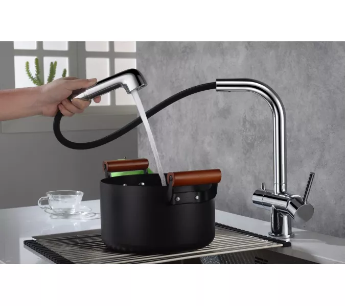 Смеситель для кухни с подключением фильтра и выдвижной лейкой Timo Saona 2346/00FL, Выбрать цвет: Хром, изображение 2