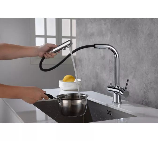 Смеситель для кухни с подключением фильтра и выдвижной лейкой Timo Saona 2356/00FL, Выбрать цвет: Хром, изображение 3