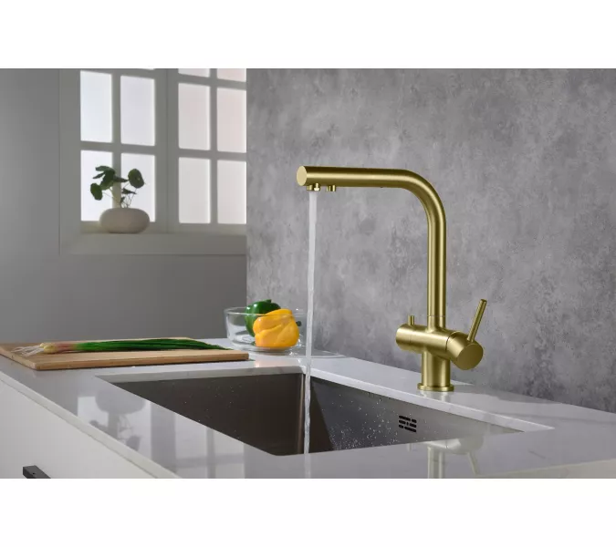 Смеситель для кухни с подключением фильтра и выдвижной лейкой Timo Saona 2356/17FL, Выбрать цвет: Золото, изображение 3