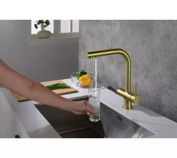 Смеситель для кухни с подключением фильтра и выдвижной лейкой Timo Saona 2356/17FL, Выбрать цвет: Золото, изображение 4