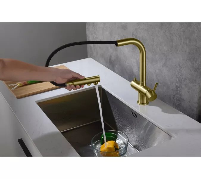 Смеситель для кухни с подключением фильтра и выдвижной лейкой Timo Saona 2356/17FL, Выбрать цвет: Золото, изображение 5