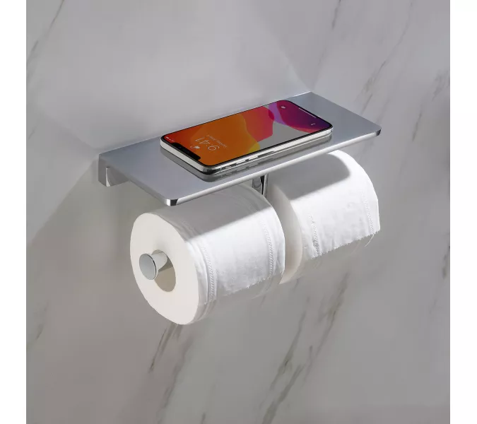 Бумагодержатель двойной с полкой для телефона Timo Selene, Выбрать цвет: Хром, изображение 2