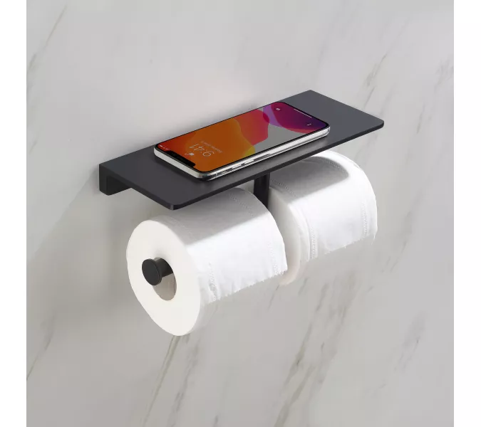 Бумагодержатель двойной с полкой для телефона Timo Selene, Выбрать цвет: Черный, изображение 2