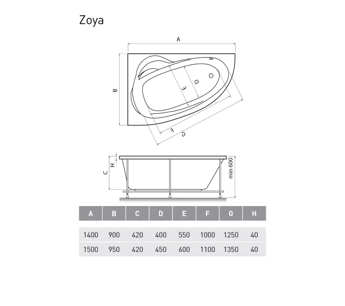 Ванна  акриловая Relisan Zoya 140*90 / 150*95 L/R, Выбрать размер: 140х90, Ориентация: левая, изображение 5