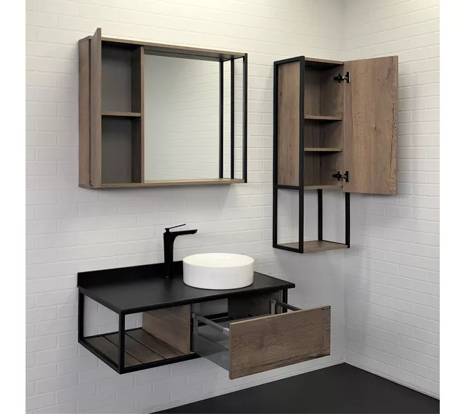 COMFORTY. Тумба-умывальник "Лиссабон-95" дуб темный с правой/левой  черной столешницей с раковиной, Выбрать размер: 95, Ориентация: правая, Выбрать цвет: дуб темный , Комплектация: раковина Comforty 9111, изображение 6