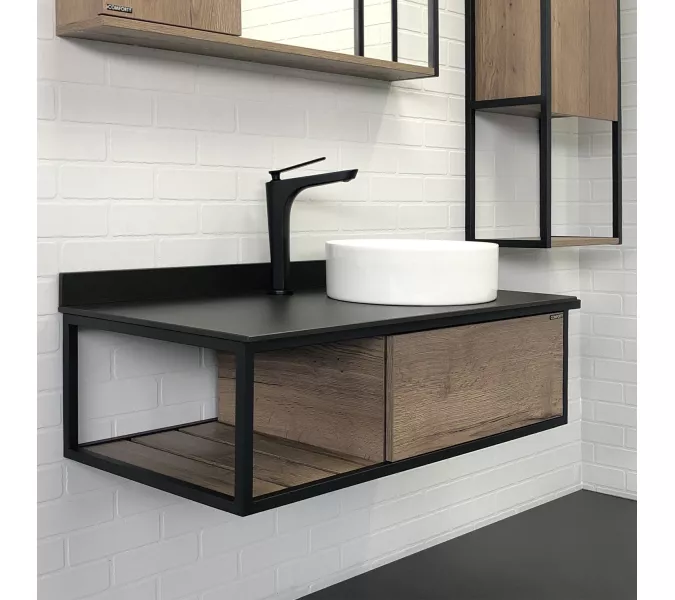 COMFORTY. Тумба-умывальник "Лиссабон-95" дуб темный с правой/левой  черной столешницей с раковиной, Выбрать размер: 95, Ориентация: правая, Выбрать цвет: дуб темный , Комплектация: раковина Comforty 9111