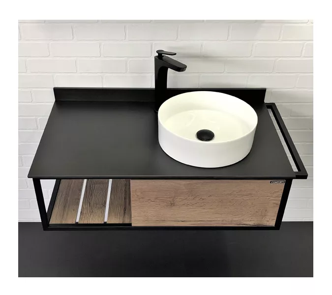 COMFORTY. Тумба-умывальник "Лиссабон-95" дуб темный с правой/левой  черной столешницей с раковиной, Выбрать размер: 95, Ориентация: правая, Выбрать цвет: дуб темный , Комплектация: раковина Comforty 9111, изображение 7