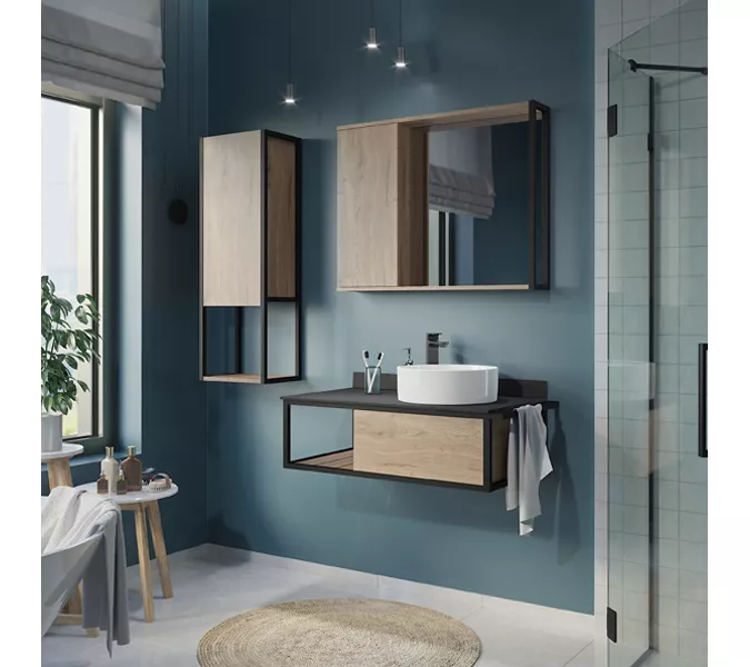 COMFORTY. Тумба-умывальник "Лиссабон-95" дуб темный с правой/левой  черной столешницей с раковиной, Выбрать размер: 95, Ориентация: правая, Выбрать цвет: дуб темный , Комплектация: раковина Comforty 9111, изображение 2