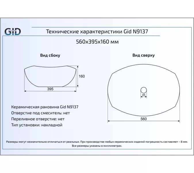 Накладная белая раковина для ванной Gid N9137, изображение 2